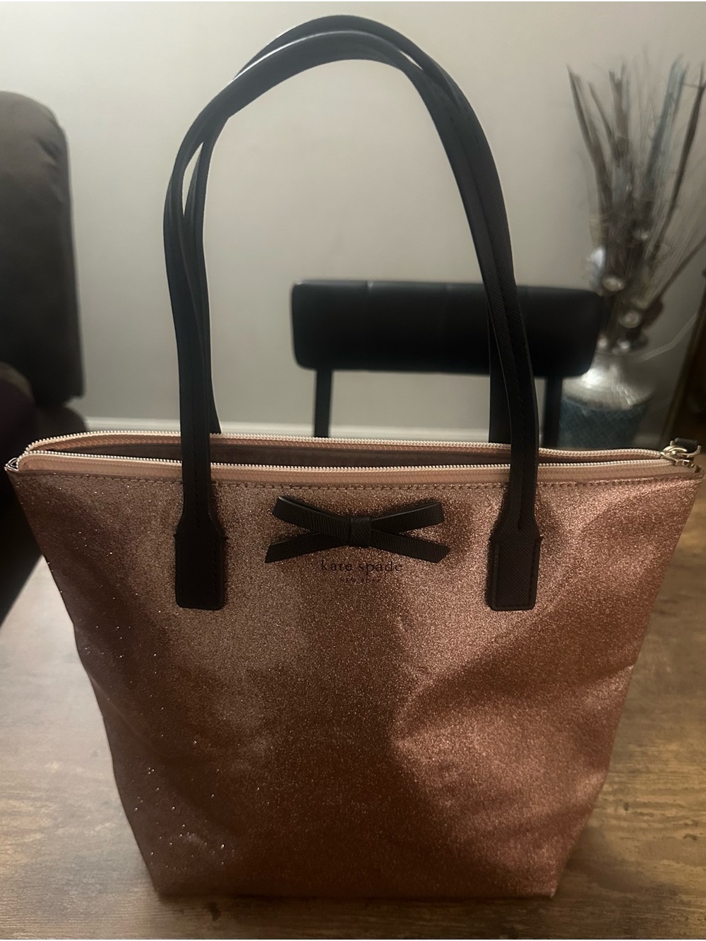 kate spade Rose Gold Glitter Tote with Black Handles